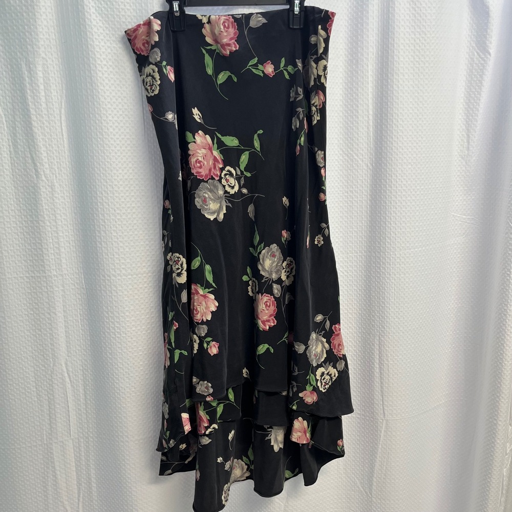 Lauren Ralph Lauren Black Pink Floral 100% Silk Tiered Ruffle Maxi Skirt Size 10
